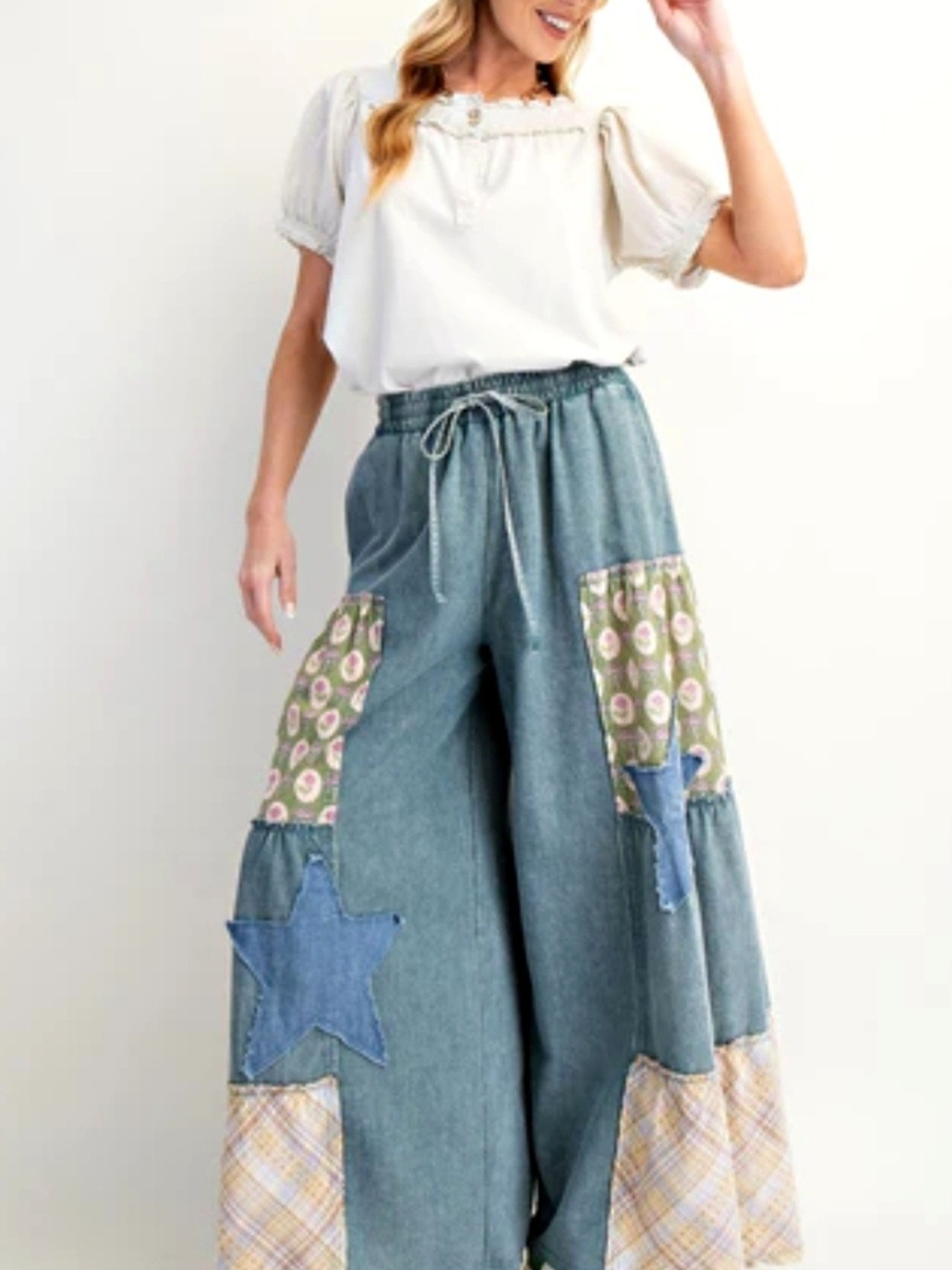 Easel Wide Leg Patchwork Denim Pants with Stars - Blue & Green